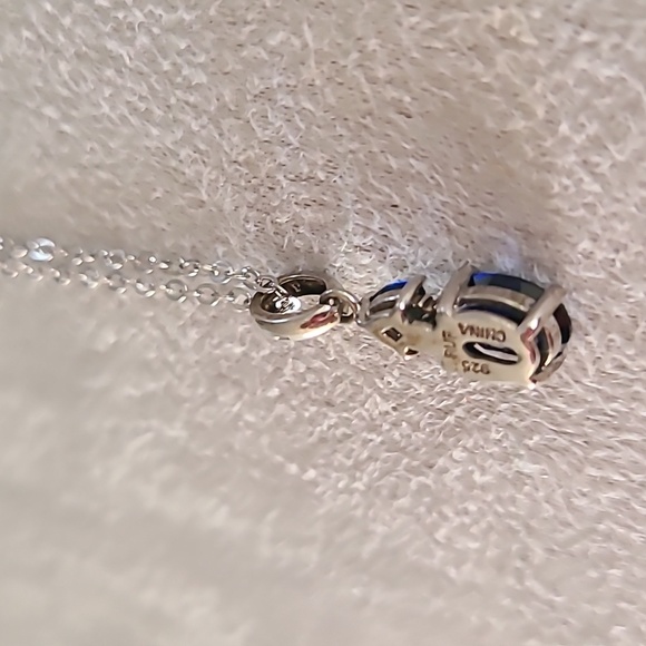 STERLING SILVER CREATED BLUE SAPPHIRE WITH DIAMOND ACCENT PENDANT APPROX 18" - Picture 10 of 15